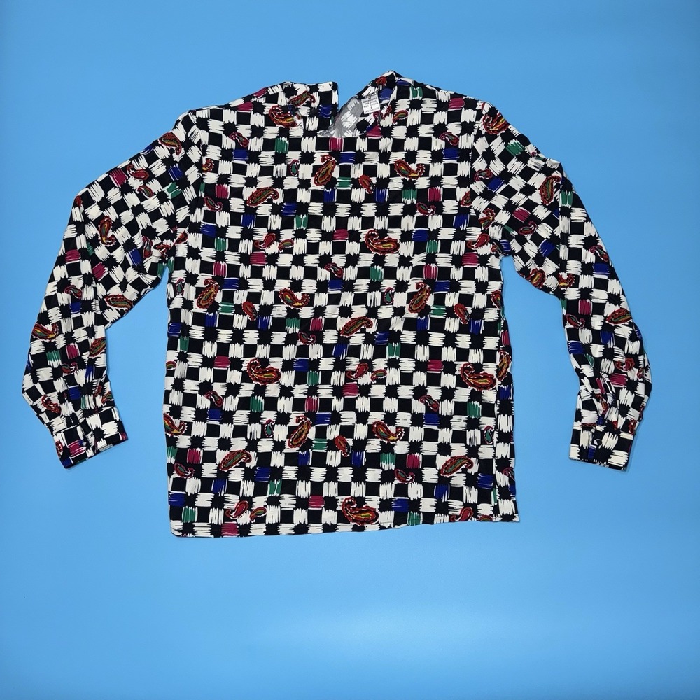 Vintage Marlis Blouse 80s Made in Korea SZ 8 Abstract Paisley Checker Print Top